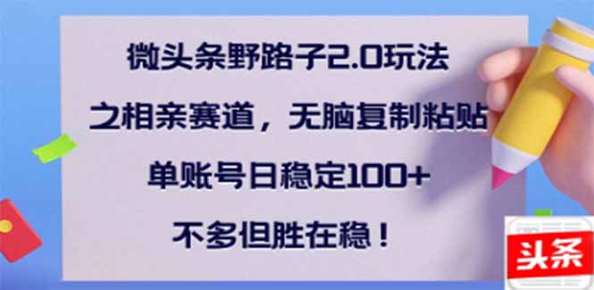 （14334期）微头条野路子2.0玩法之相亲赛道，无脑搬砖复制粘贴，单账号日稳定300+...-北向